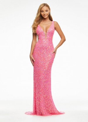 Ashley Lauren 11448 Size 2 Hot Pink Long Beaded Sequin Corset Prom Dre