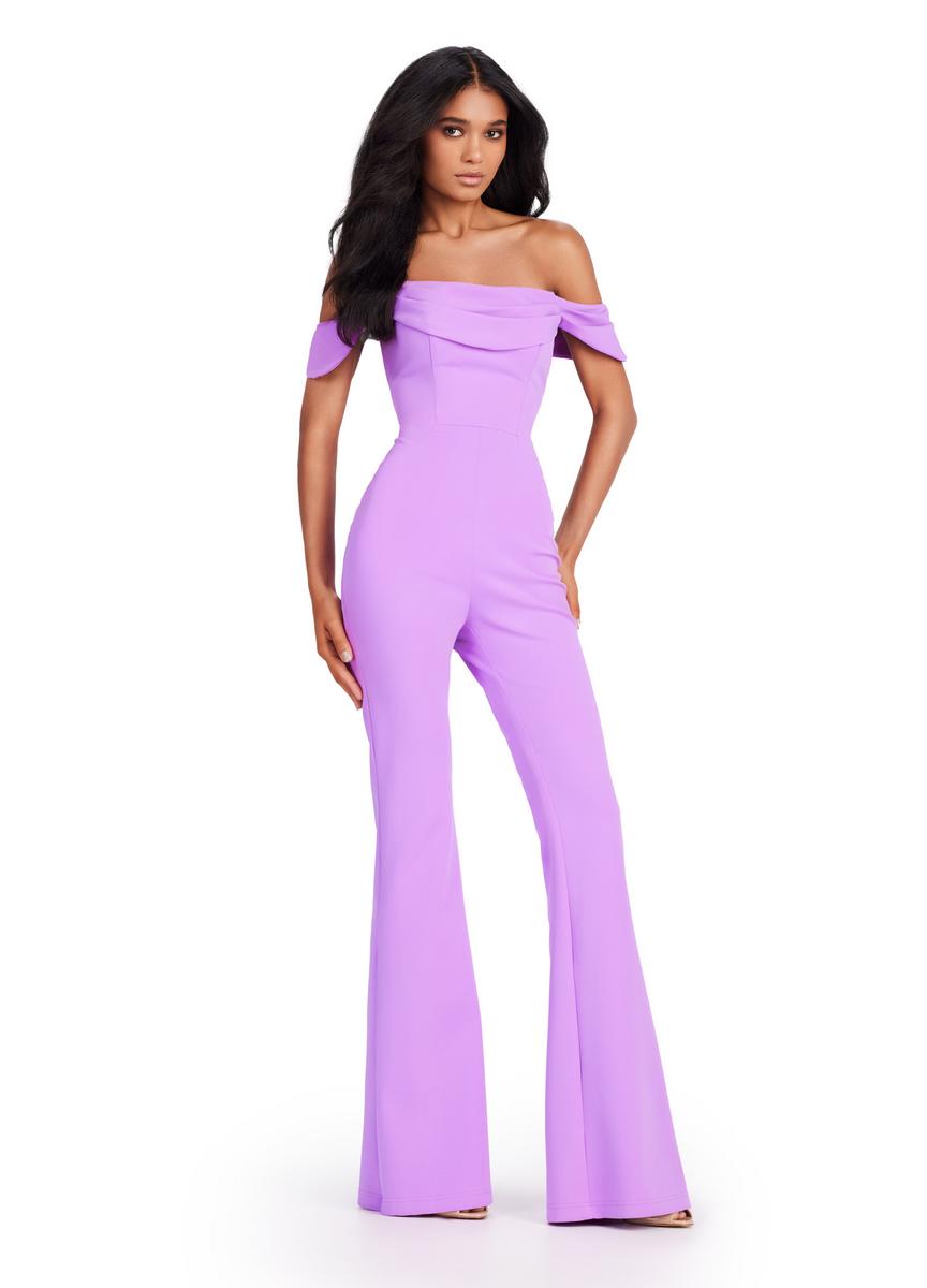 Purple off the shoulder jumpsuit on sale