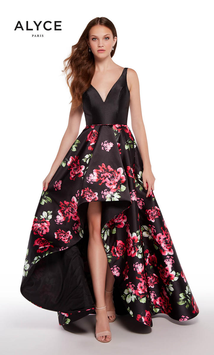 French Novelty: Alyce Paris Exclusive 1281 High Low Rose Print Gown