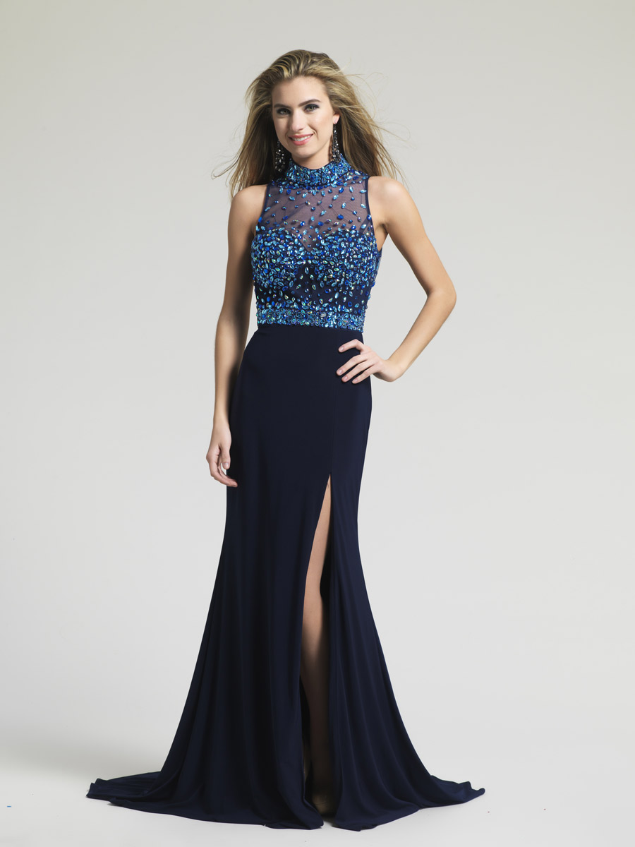 French Novelty: Dave and Johnny 1660 Hi Neck Sheer Beaded Gown