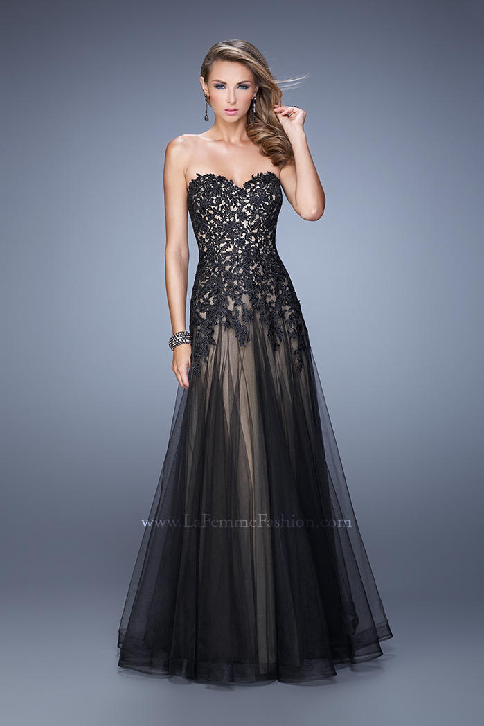 La Femme 21527 Tulle Gown with Beaded Lace: French Novelty