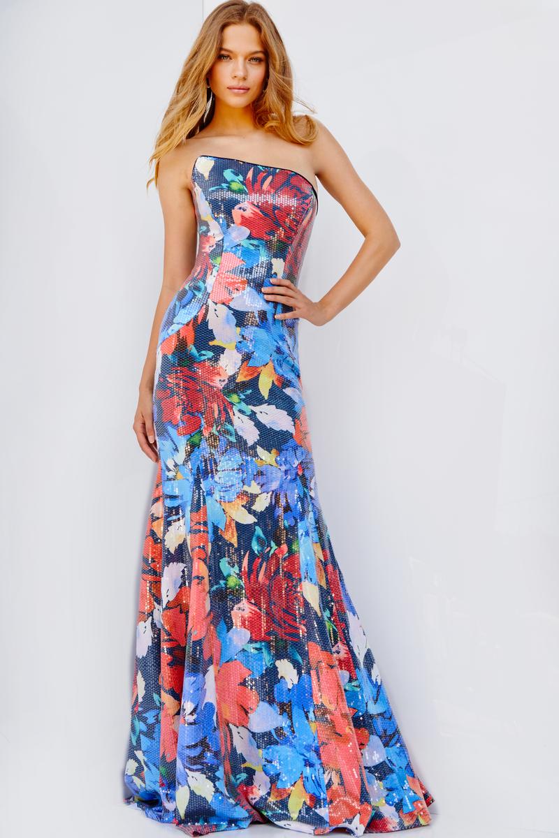 French Novelty: Jovani 23907 Shimmering Floral Strapless Prom Dress