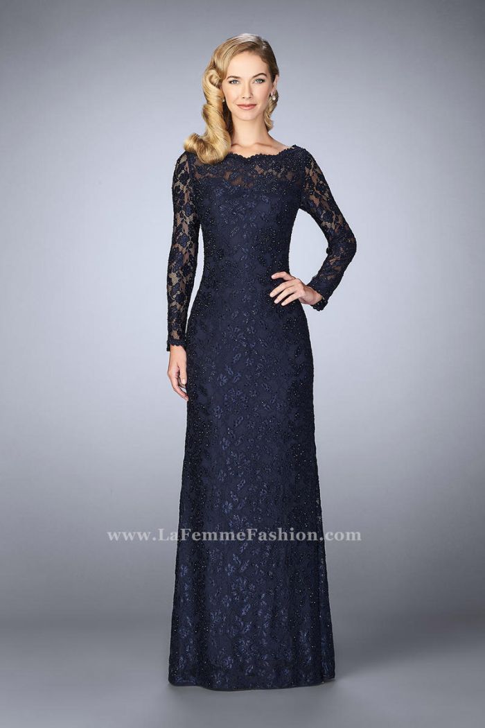 French Novelty: La Femme 24869 Modest Lace Evening Dress