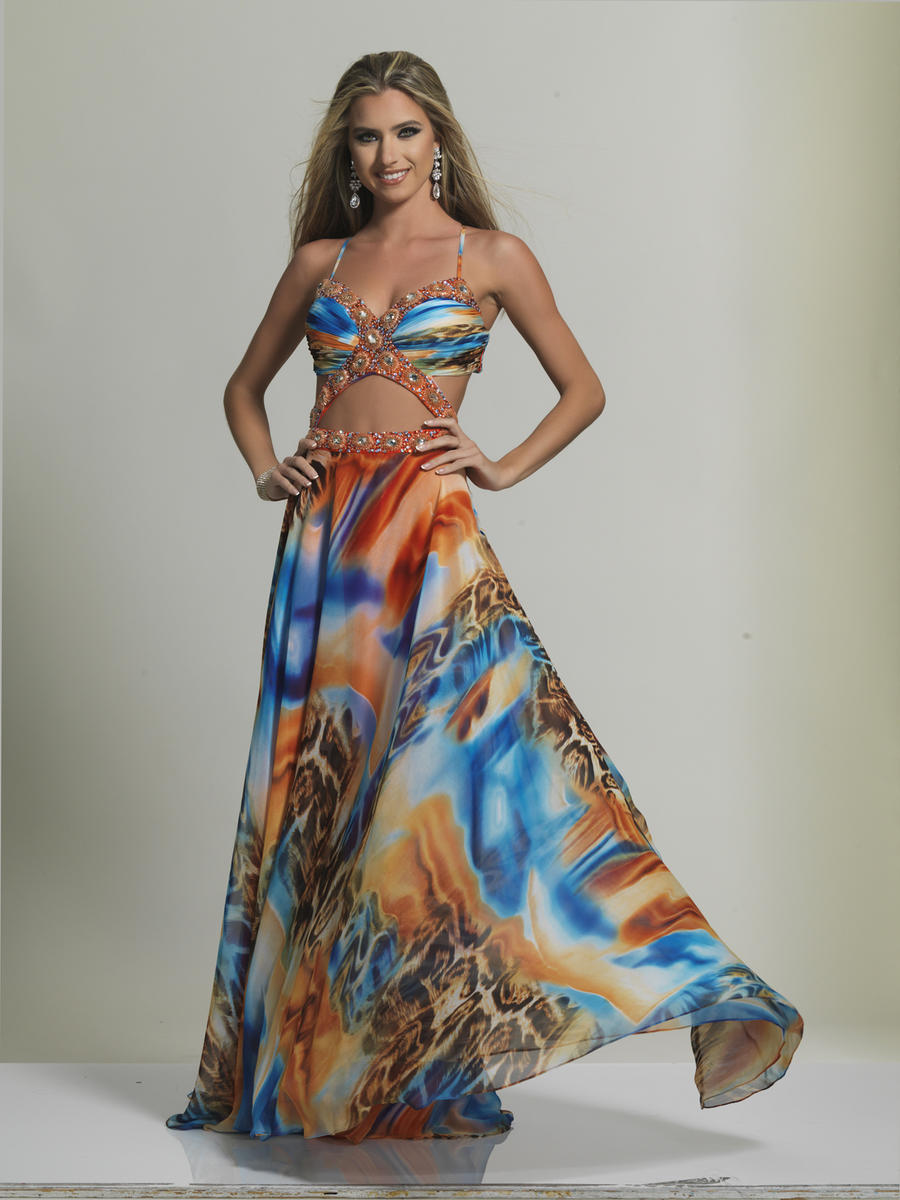 French Novelty: Dave and Johnny 2509 Watercolor Print Chiffon Gown