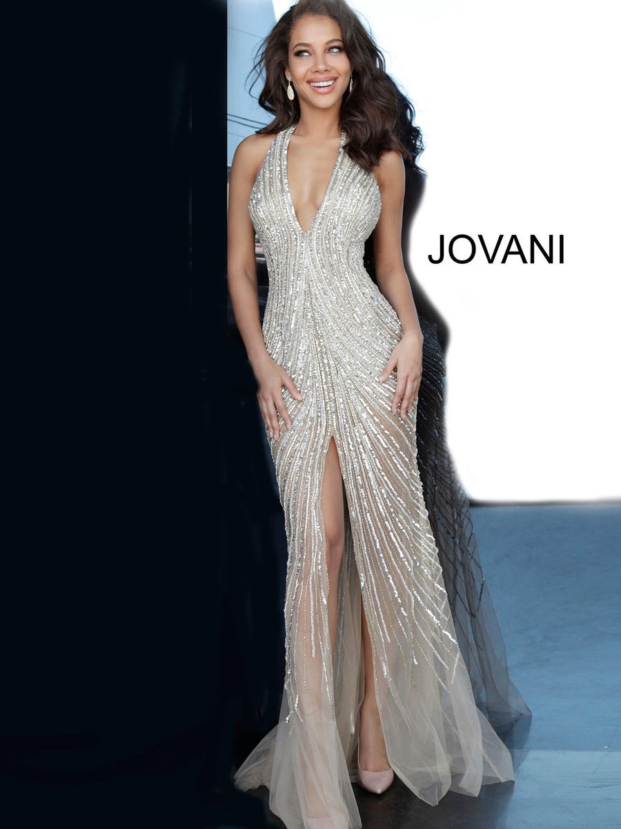 French Novelty Jovani 2609 Sparkling V Halter Gown