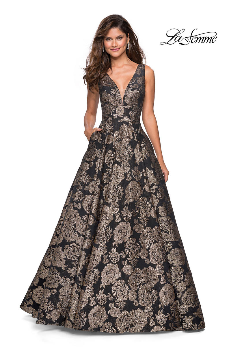 floral jacquard sleeveless ball gown with pockets