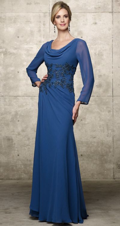 Alyce JDL Long Sleeve Cowl Neck Chiffon Evening Dress 29425: French Novelty
