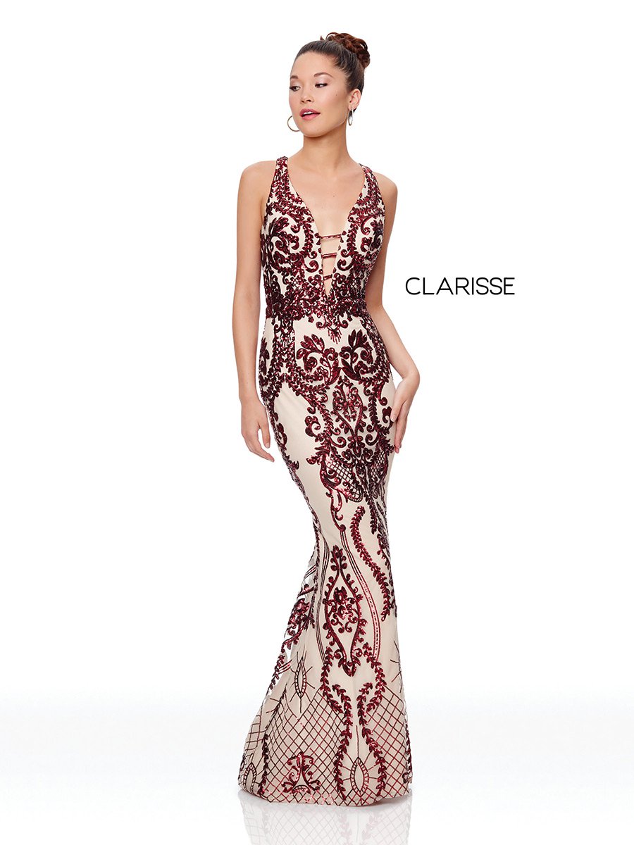 French Novelty: Clarisse 3797 Sequin Design V Neck Prom Dress