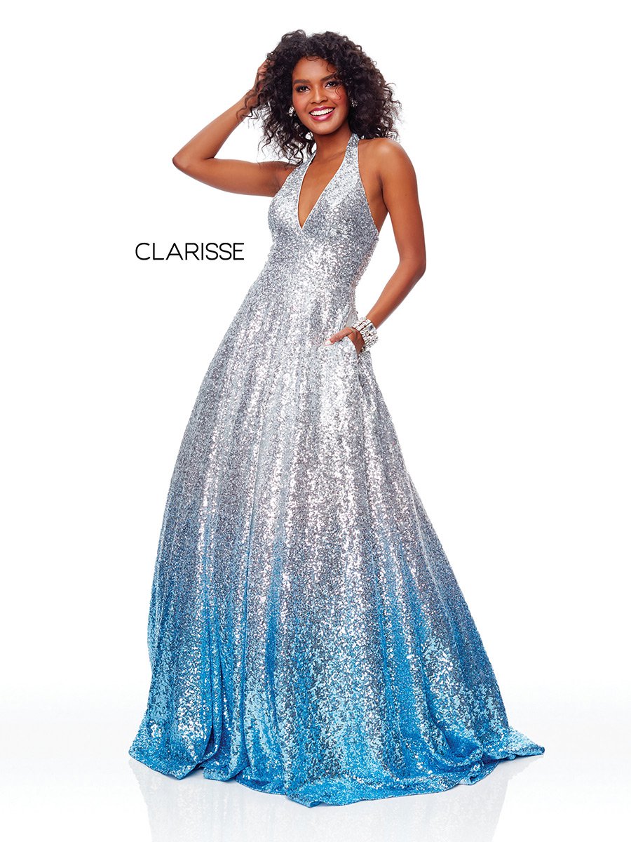 Clarisse 3820 Silver Ombre  Sequin Halter Prom  Gown  French 