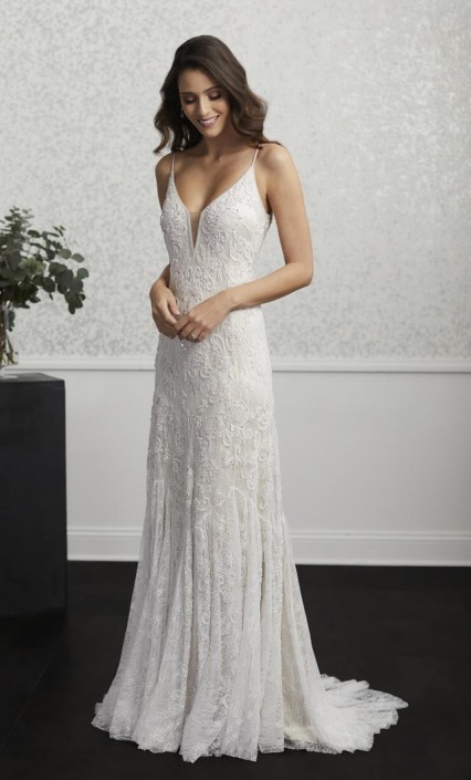 Adrianna Papell 40235 Boho Beaded Lace Destination Wedding Dress