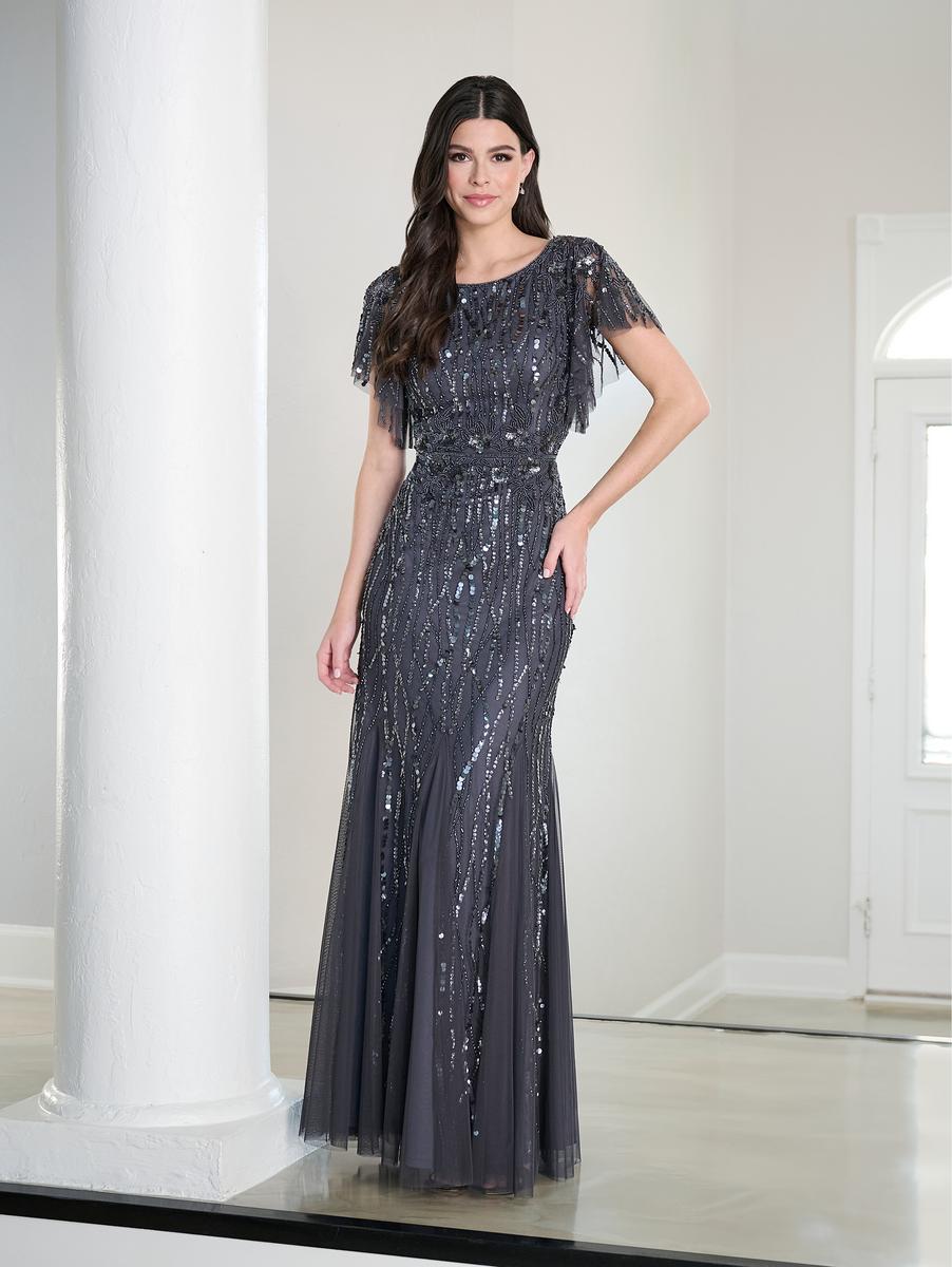 French Novelty: Adrianna Papell Platinum 40452 Flutter Sleeve Beaded Gown