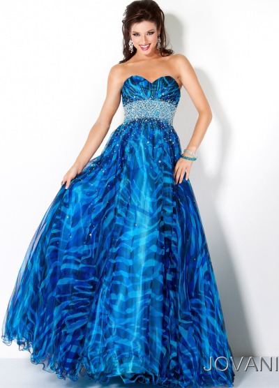 Jovani Blue Print Ball Gown with Jewels and Ruffles 4253: French Novelty