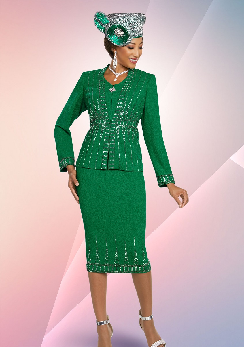 Ben Marc 48253 Green Ladies Knit Church Suit: French Novelty