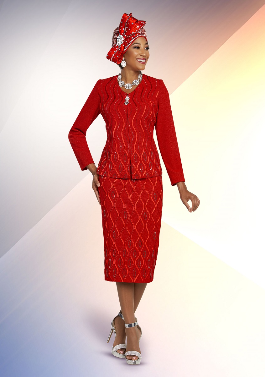 Ben Marc 48259 Ladies Red Swirl Knit Church Suit: French Novelty