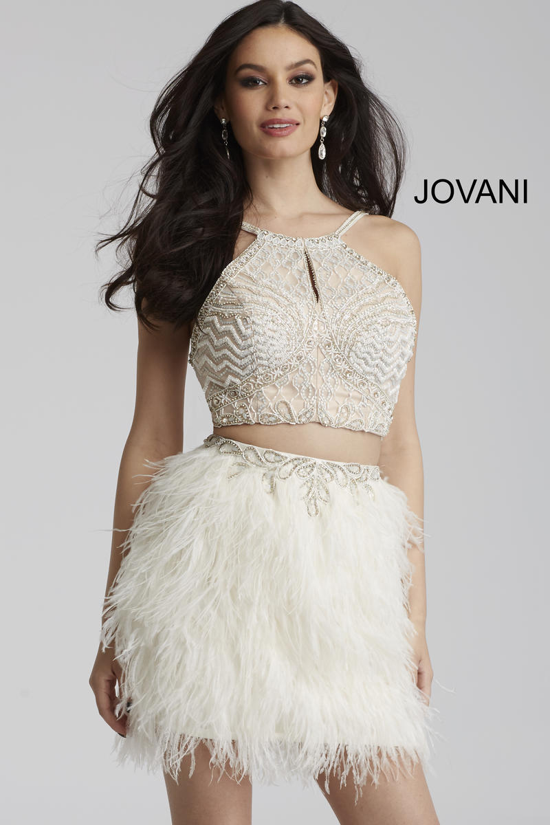 French Novelty Jovani 50119 Short 2 Piece Dress With Feathers 4880