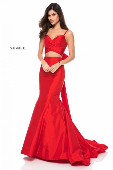 red prom dress with bow on the back