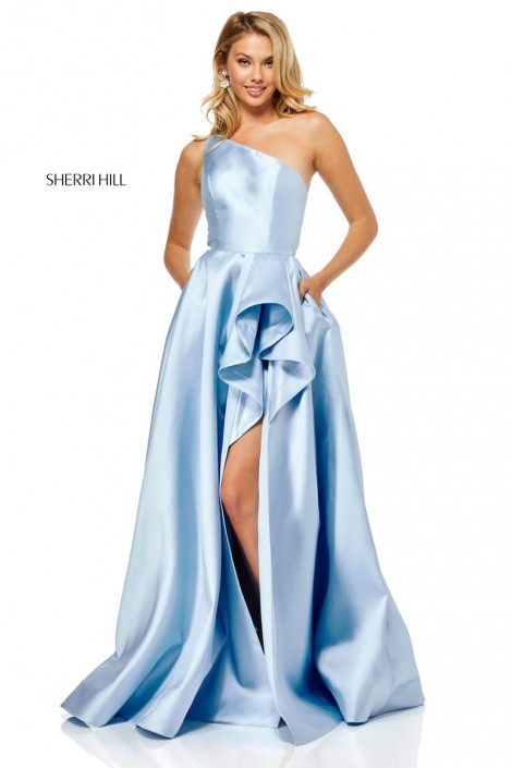 one shoulder ruffle prom dress