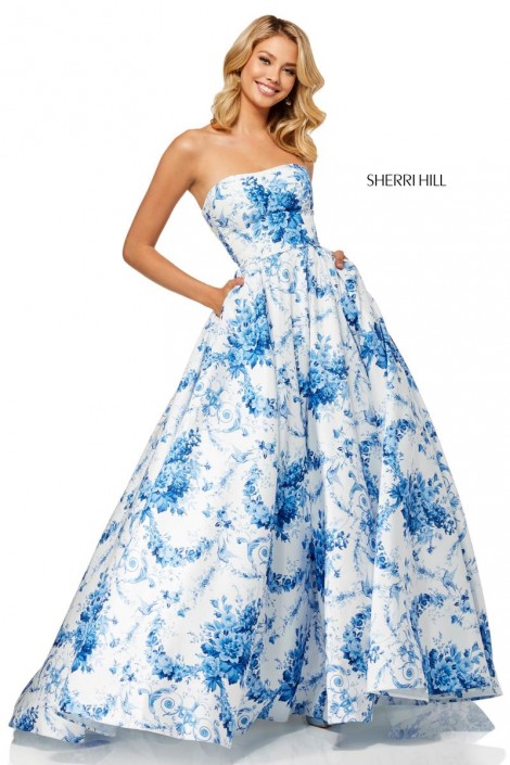 white and blue floral prom dress