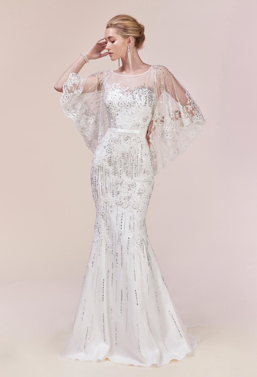 French Novelty: Andrea and Leo 5263 Sheer Lace Cape Gown