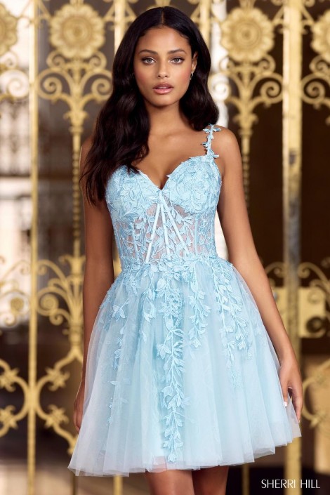 French Novelty: Sherri Hill 55760 Sheer Lace Corset Gown