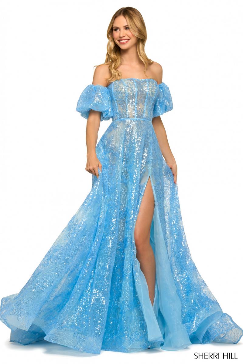 French Novelty: Sherri Hill 55423 Removable Puff Sleeve Shimmer Gown