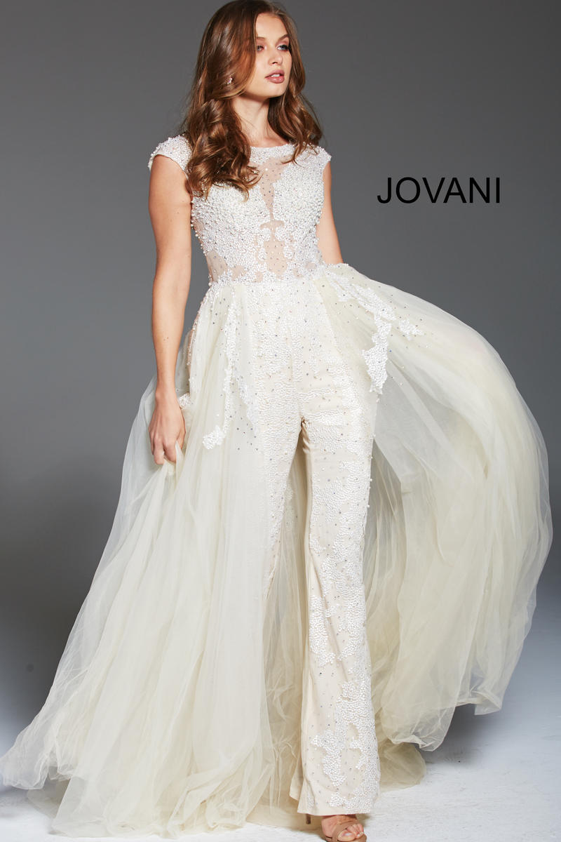  Jovani  56008 Sheer Beaded Jumpsuit with Overskirt French 