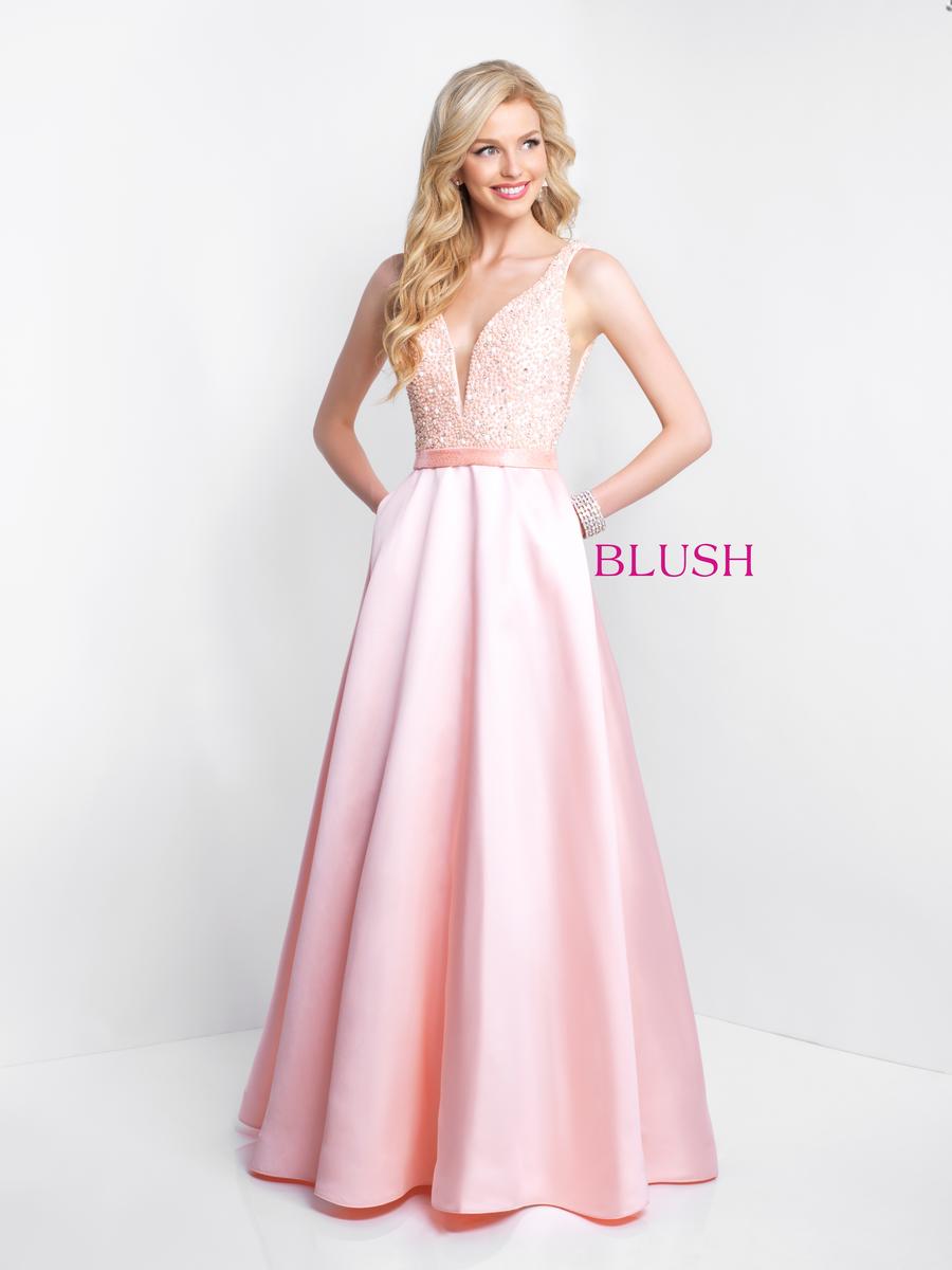 French Novelty: Pink by Blush 5681 Soft Mikado Prom Gown with Beading