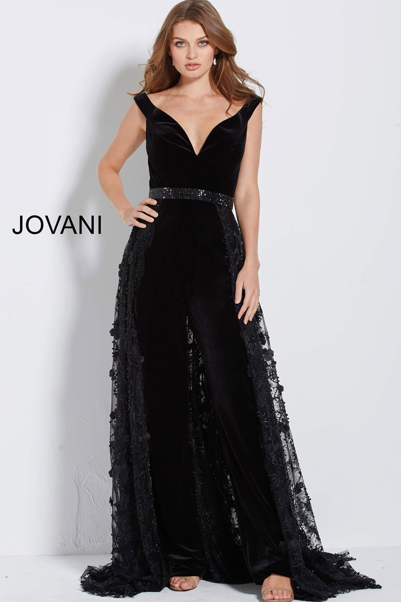 black jumpsuit with overskirt