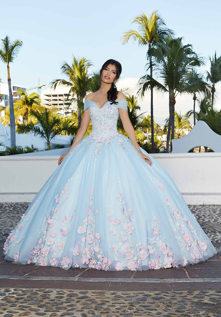 baby blue and gold quinceanera dresses