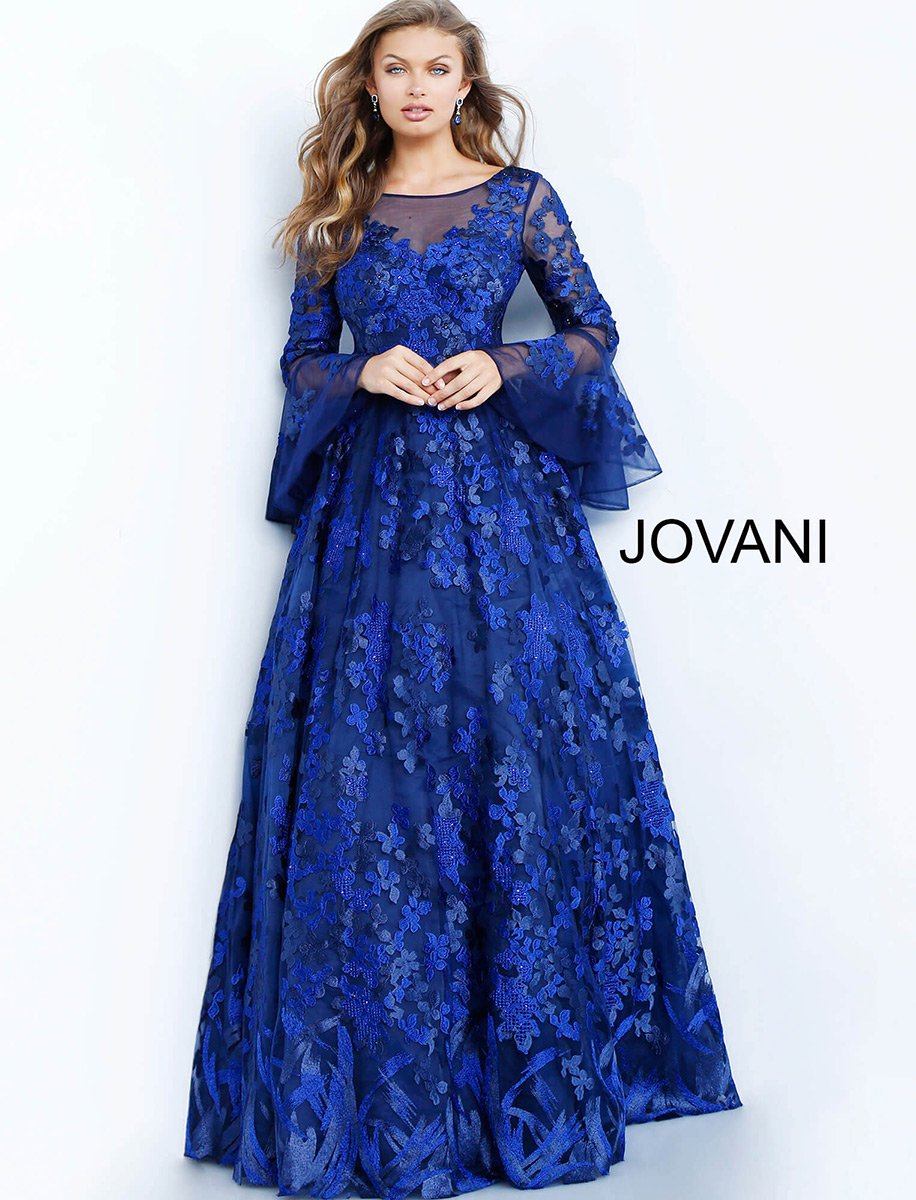 French Novelty: Jovani 62294 Sheer Embroidered Bell Sleeve Gown