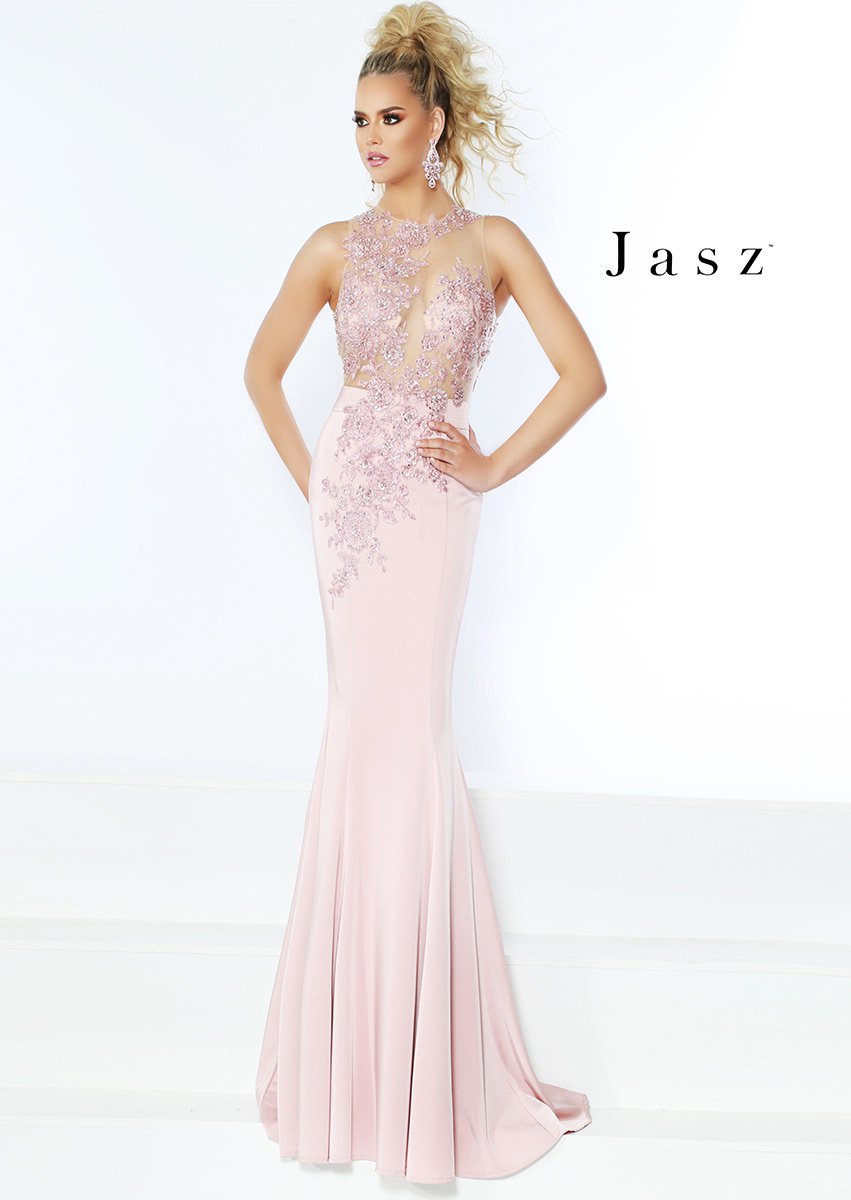 French Novelty: Jasz Couture 6415 Gown with Sheer Applique Top