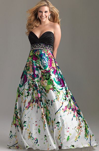 Night Moves Plus Sized Strapless Print Prom Dress 6512W: French Novelty