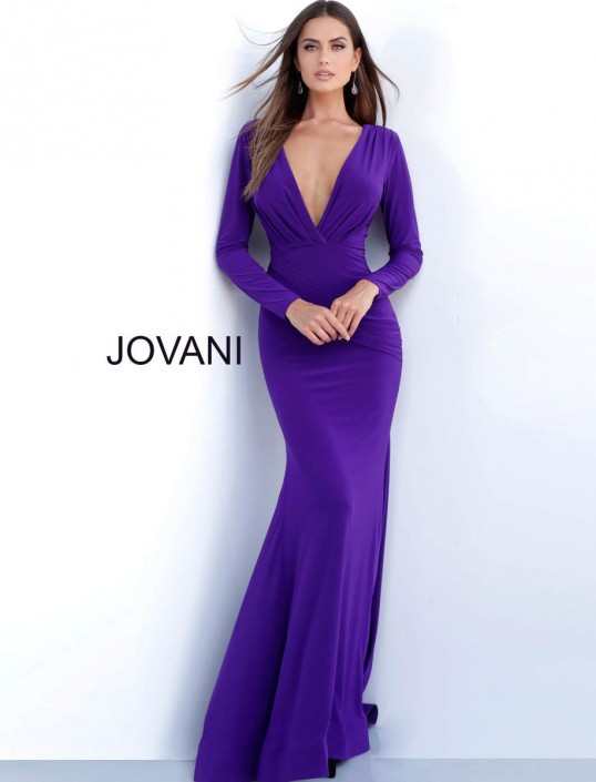 Jovani 67896 Long Sleeve Deep V Neck Gown French Novelty