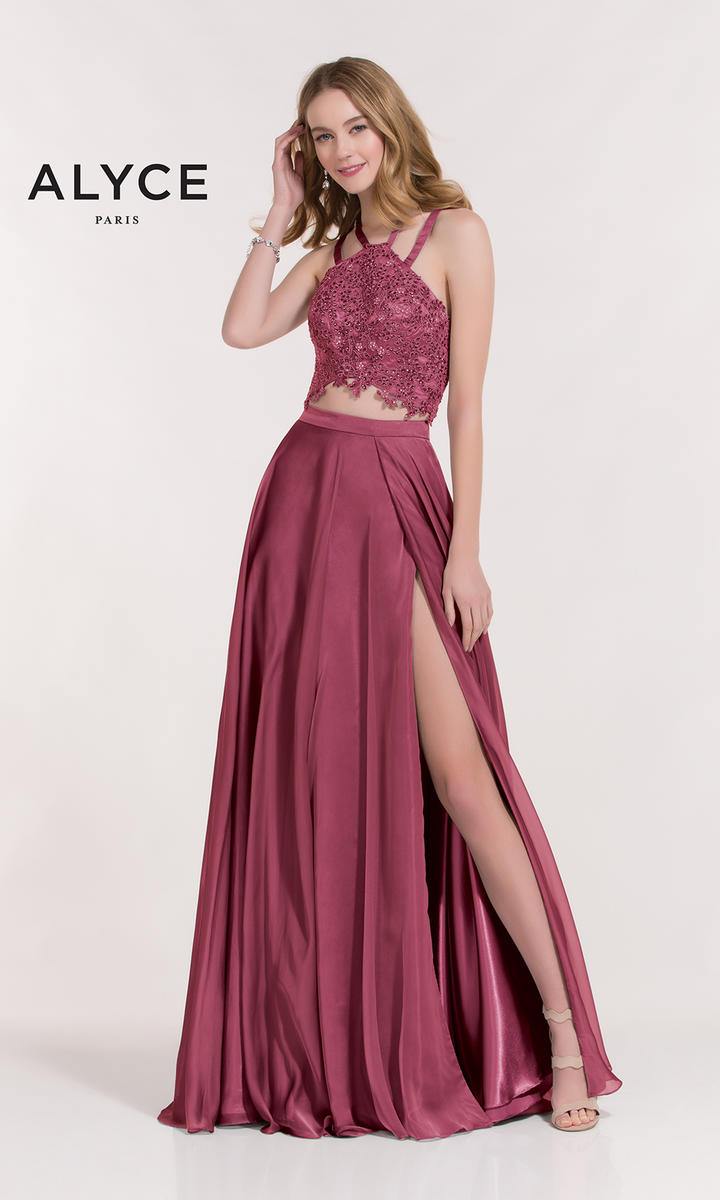 Alyce Paris 6844 Iridescent 2 Piece Gown with Lace Crop 