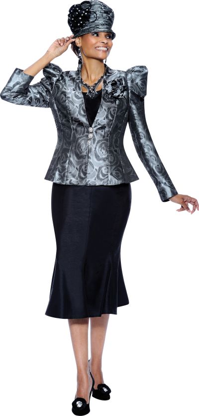 Terramina 7289 Womens 3pc Black and Silver Church Suit: French Novelty