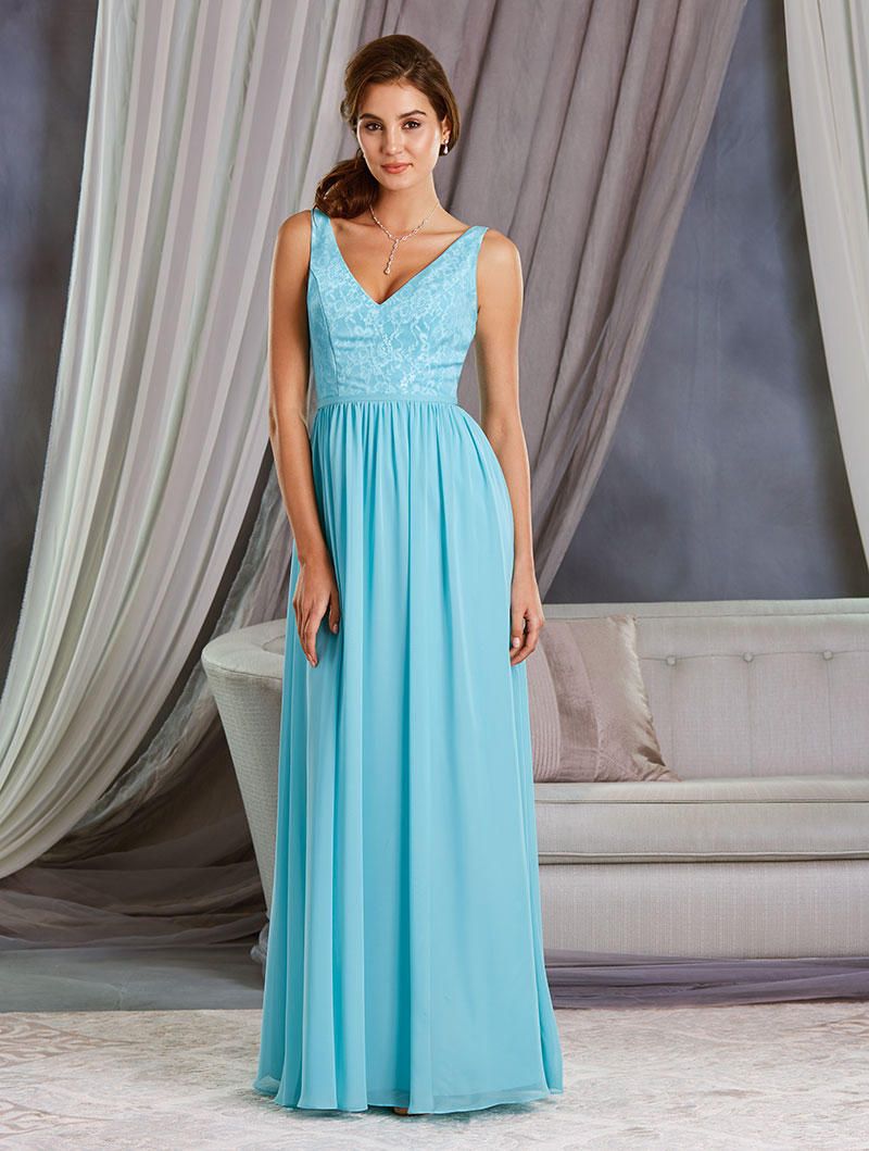 Alfred Angelo 7377L Long Bridesmaid Dress with White Lace: French Novelty
