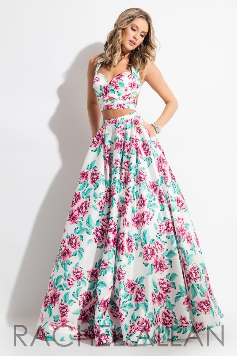 French Novelty: Rachel Allan 7510 Floral Print 2pc Prom Gown