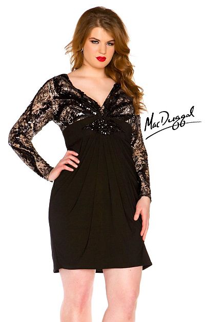 Mac Duggal Plus Size Long Sleeve Cocktail Dress 76547R: French Novelty