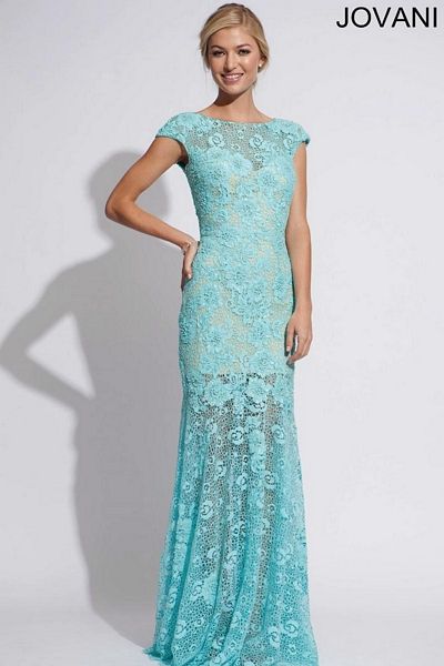 Jovani 88435 Cap Sleeve Lace Formal Dress: French Novelty