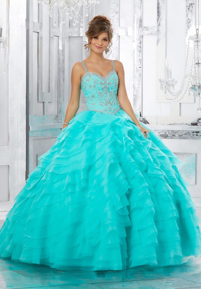 French Novelty: Vizcaya 89158 Laser Cut Organza Ruffled Quinceanera Dress