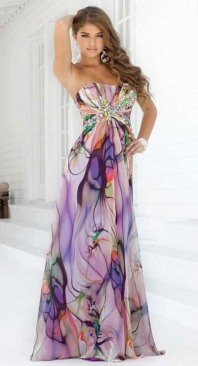Blush Prom Purple Abstract Print Chiffon Evening Dress 9327: French Novelty