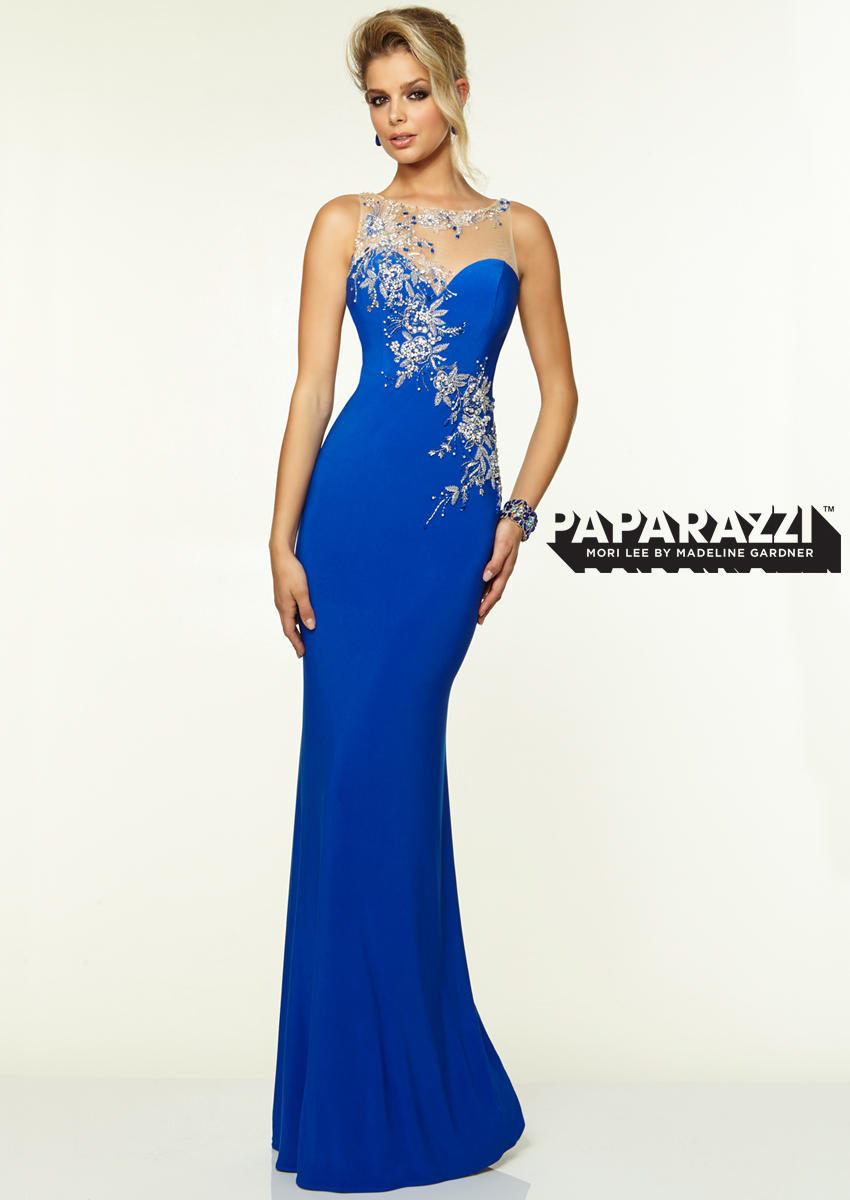 French Novelty: Mori Lee Paparazzi 97098 Jersey Slim Gown with Embroidery