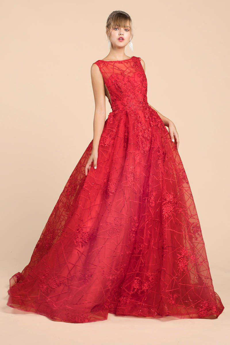 French Novelty: Andrea and Leo Couture A0471 Red Floral Gazar Gown