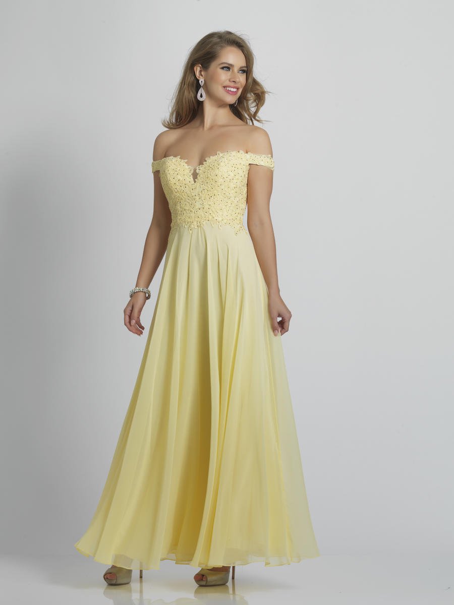 yellow off the shoulder gown