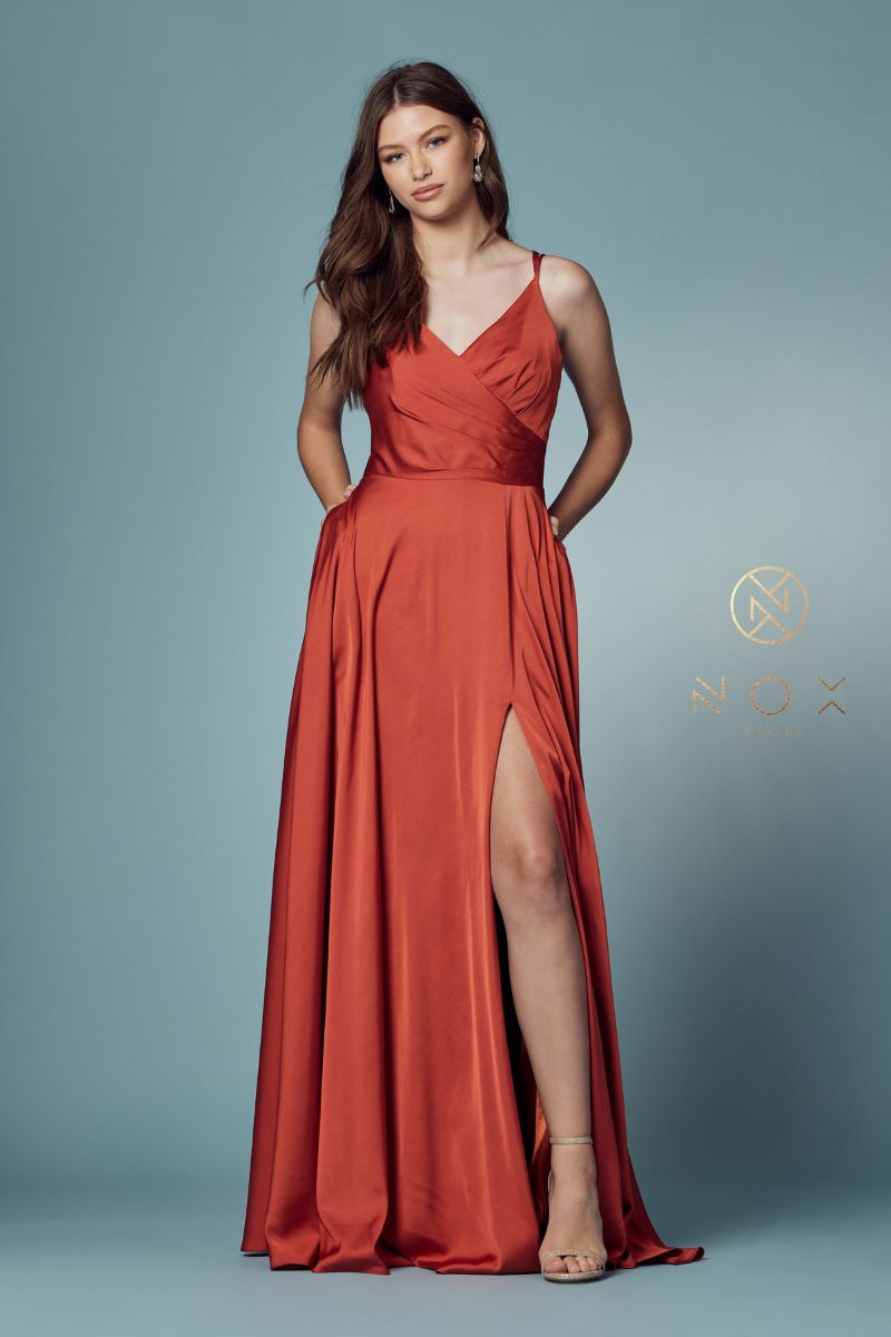 French Novelty: Nox Anabel E1020 Draped Slit Gown with Pockets