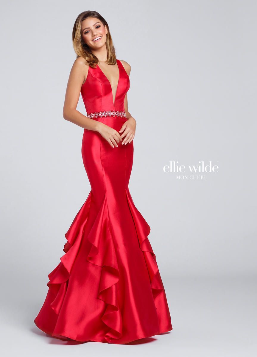 Ellie Wilde for Mon Cheri EW117098 Deep V Ruffle Prom Dress: French Novelty