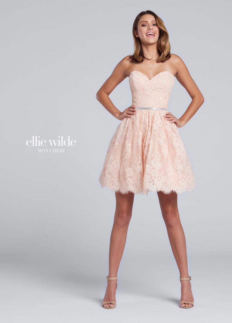 Ellie Wilde for Mon Cheri EW117119 Short Lace Prom Dress: French Novelty