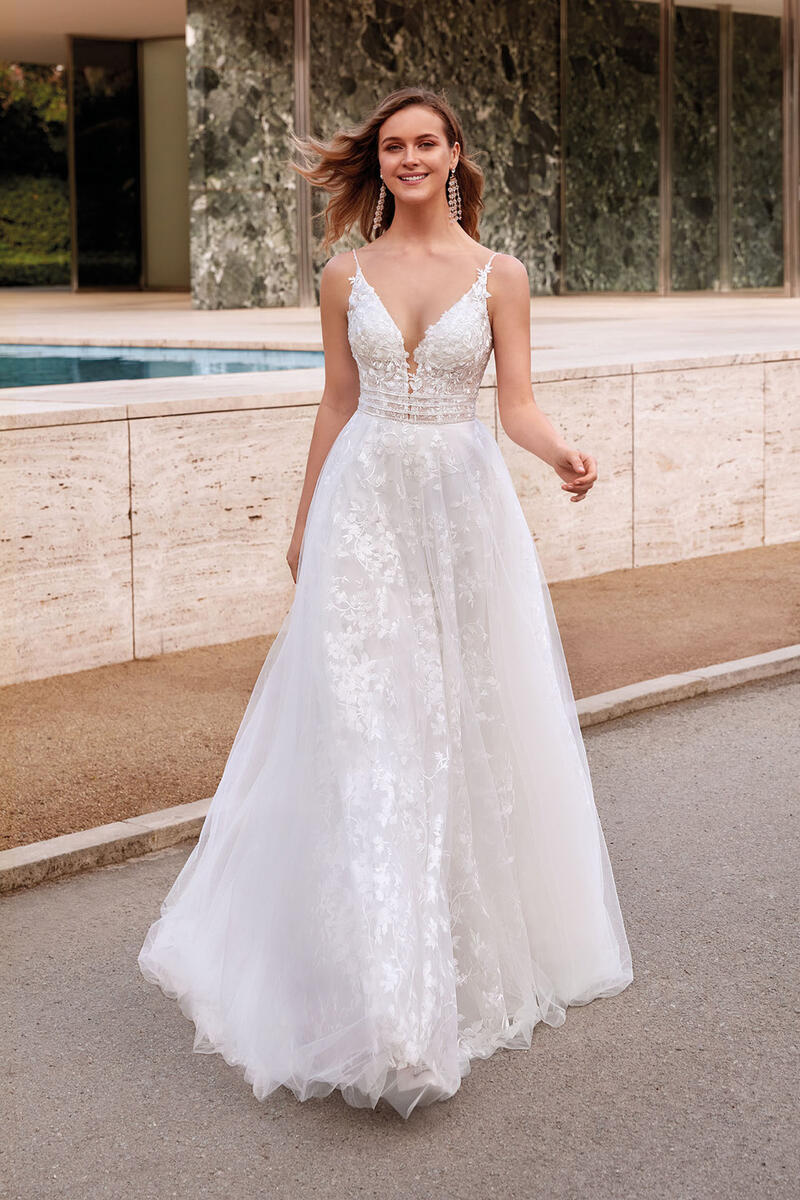 Formal Dress: 7036. Long Wedding Dress, Plunging Neckline, A-line