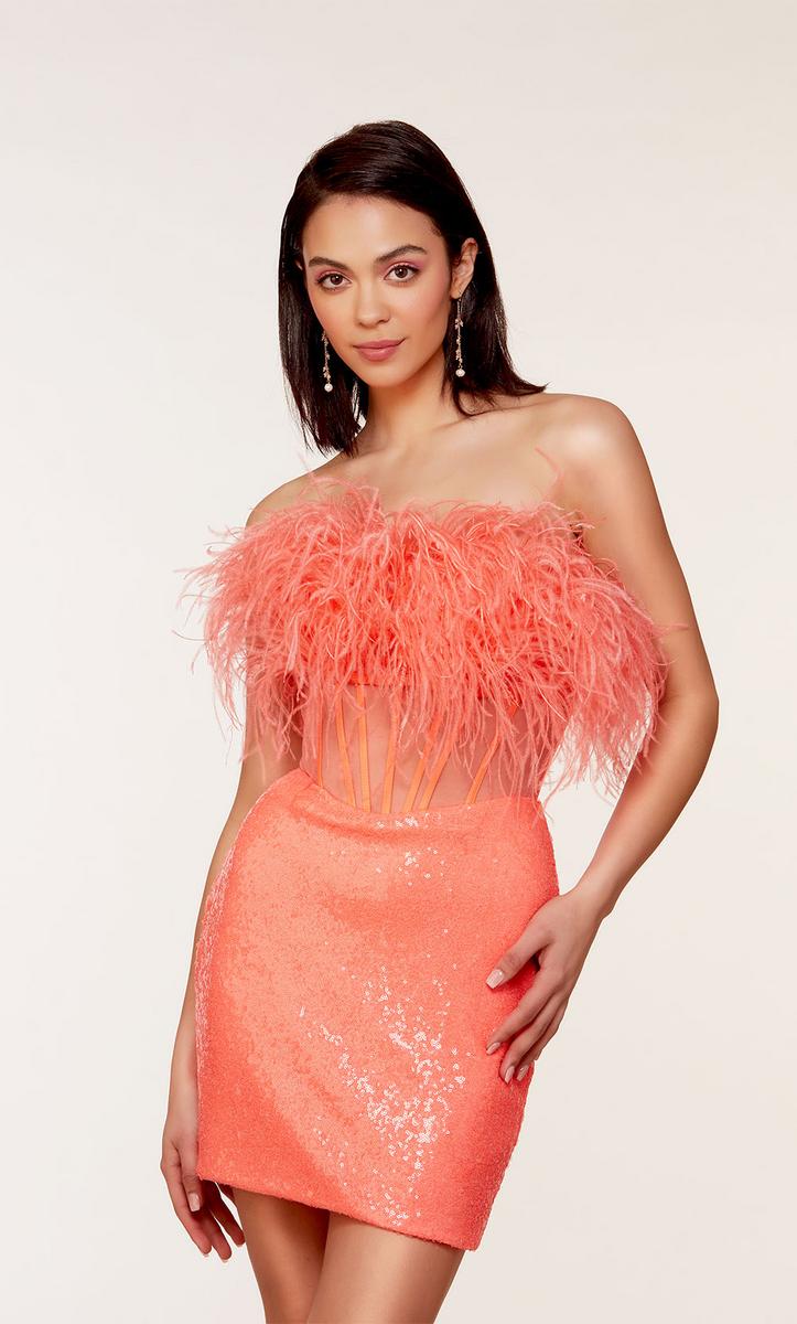 French Novelty: Alyce Paris 4799 Feather Top Sheer Corset Short Dress