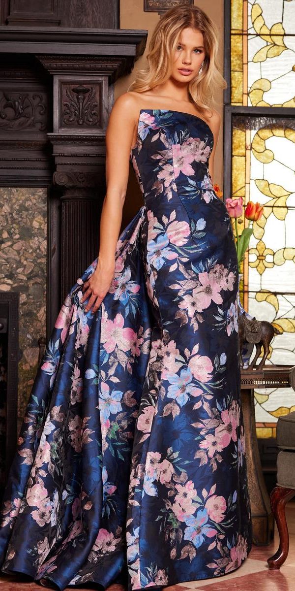 Strapless Floral A-Line Gown